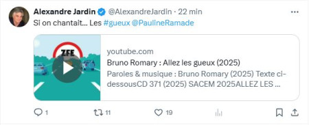 Merci Pauline ! J'ai rencontré Alexandre Jardin le 06 avril 2025 à l'Hôtel de Ville de Paris lors du rassemblement contre les ZFE, il me l'a redit : j'ai adoré votre chanson !